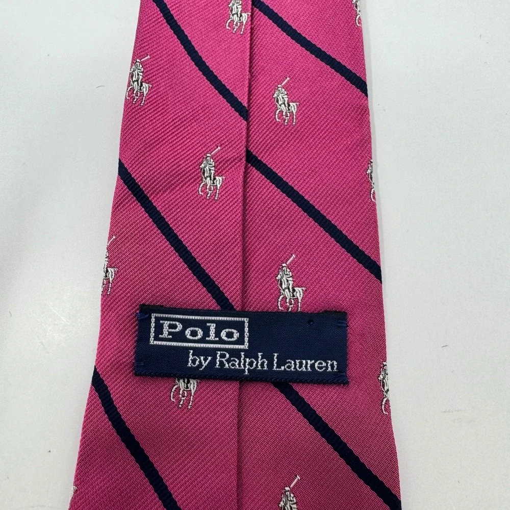 Polo Ralph Lauren Silk Tie Pink Navy Blue Stripe Pony Logo Hand Made Italy